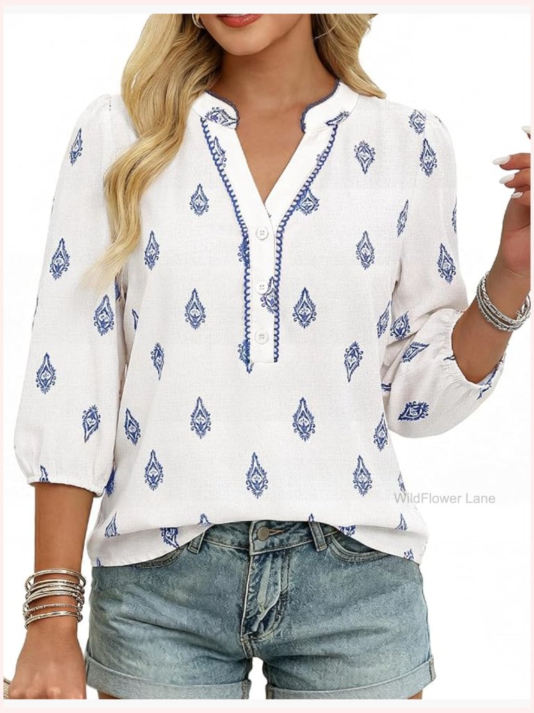 Women's 3/4 Sleeve Floral Boho Blouse - V Neck Button Down Dressy Casual Top
